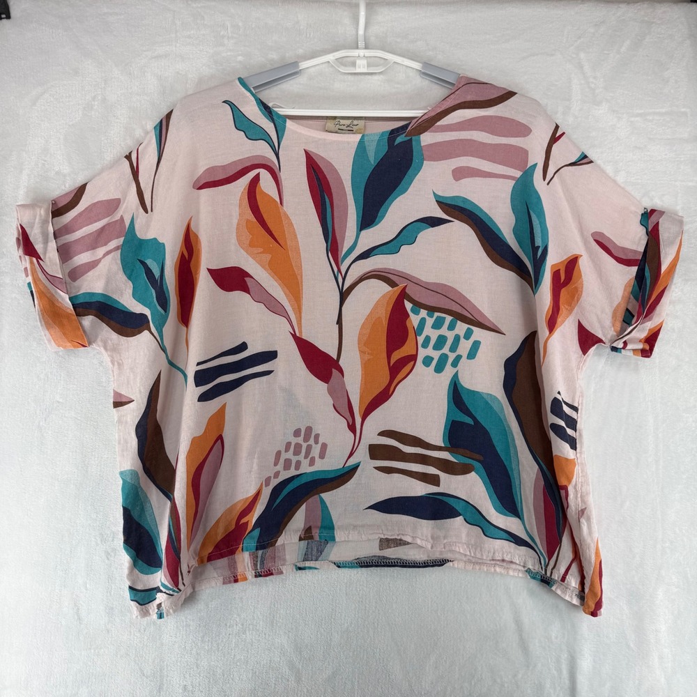 Puro Lino Italy Pink Linen Blend Tropical Leaf Print Boxy Cuffed Sleeve Top OS